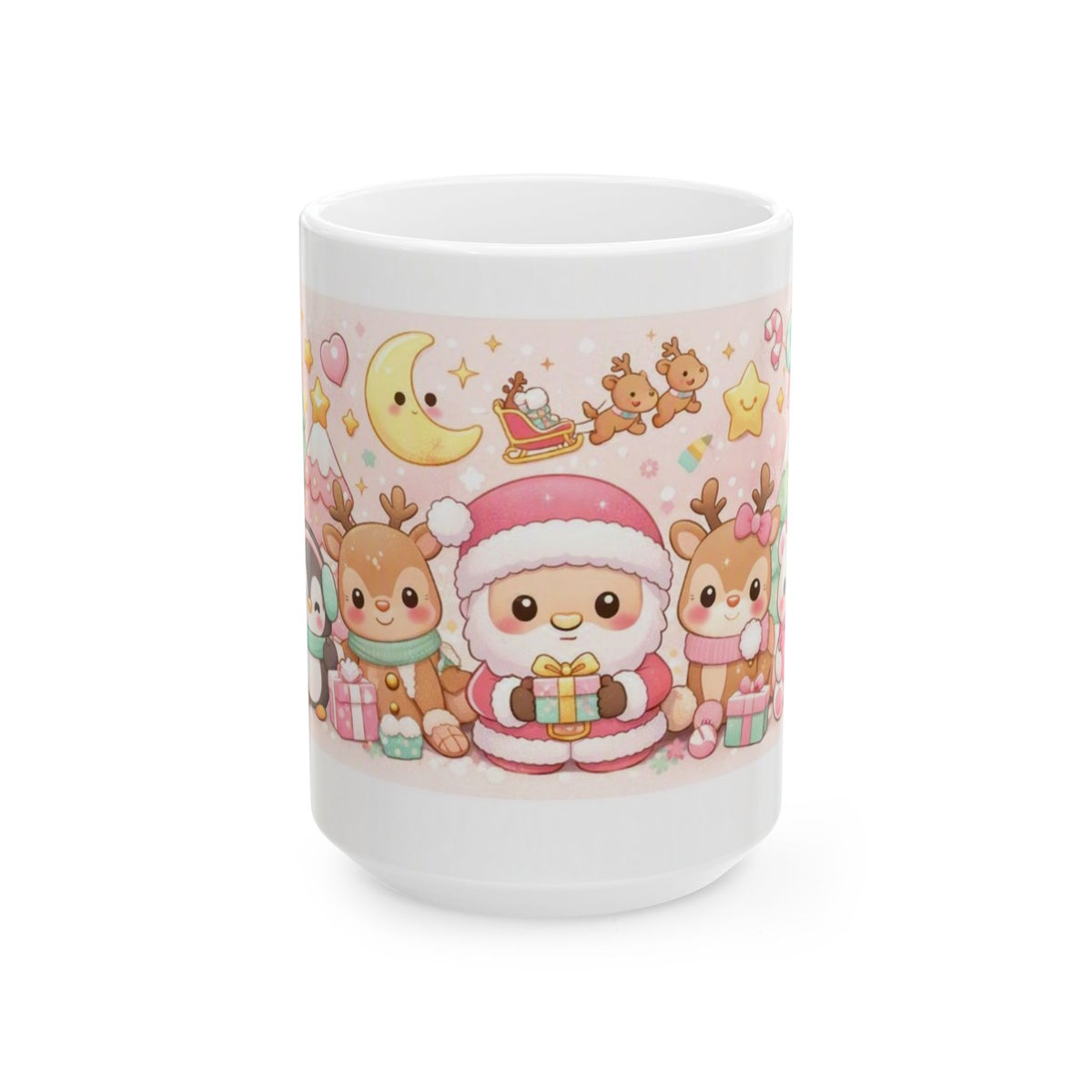 Cute Christmas Animals Ceramic Mug (11oz/15oz) — Kawaii Santa, Reindeer & Penguin Holiday Coffee Cup