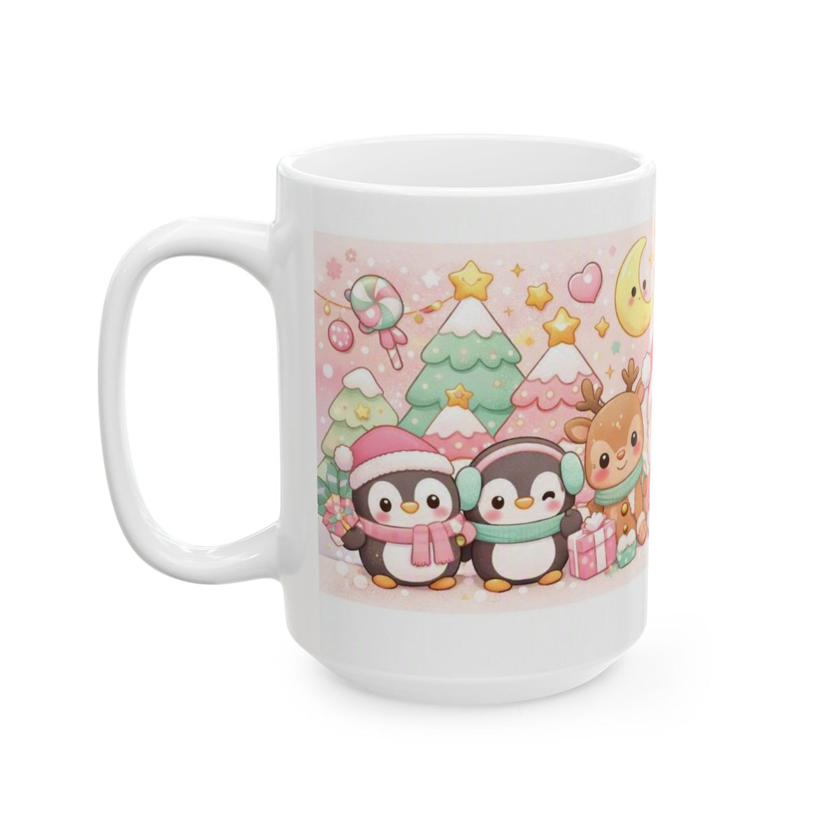 Cute Christmas Animals Ceramic Mug (11oz/15oz) — Kawaii Santa, Reindeer & Penguin Holiday Coffee Cup