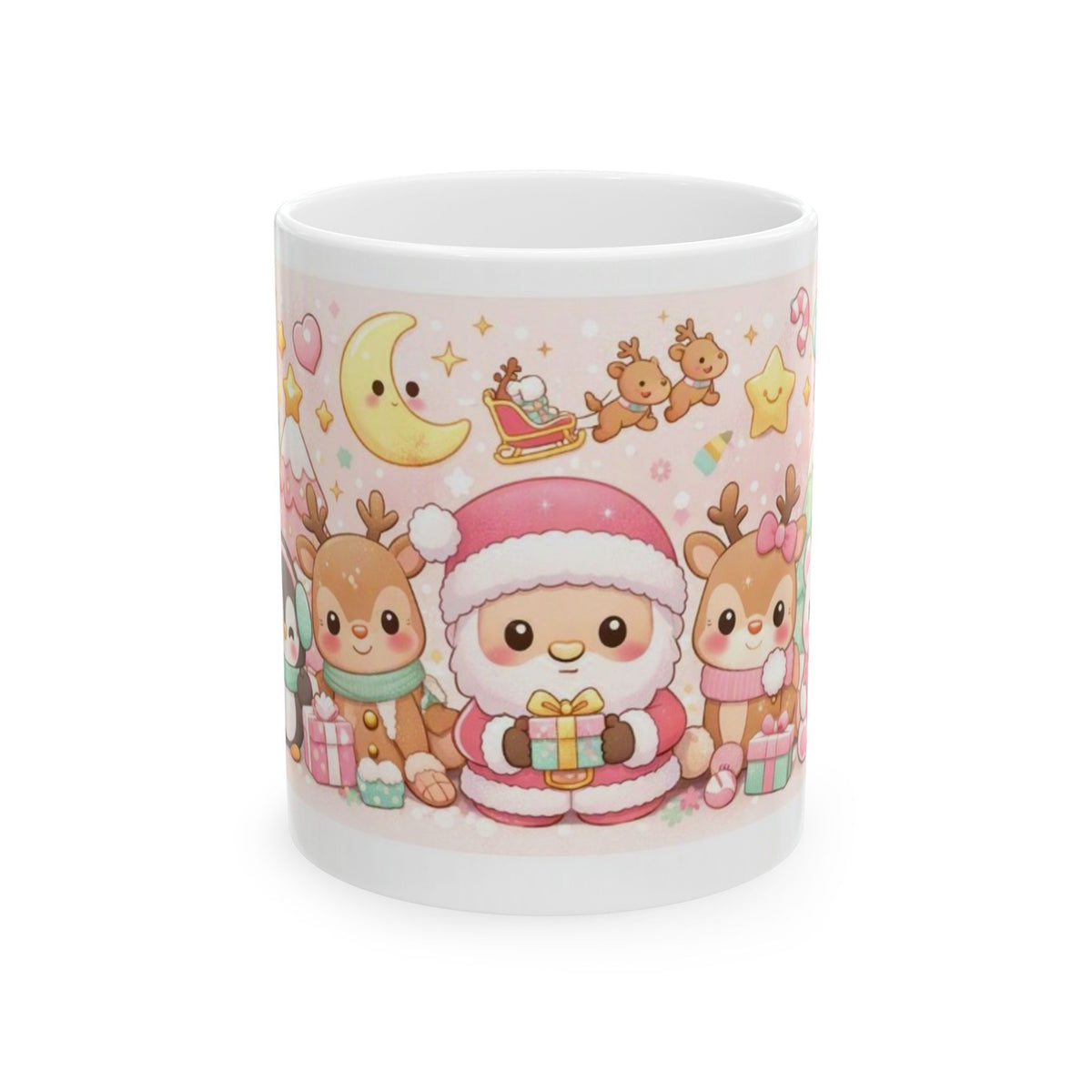 Cute Christmas Animals Ceramic Mug (11oz/15oz) — Kawaii Santa, Reindeer & Penguin Holiday Coffee Cup