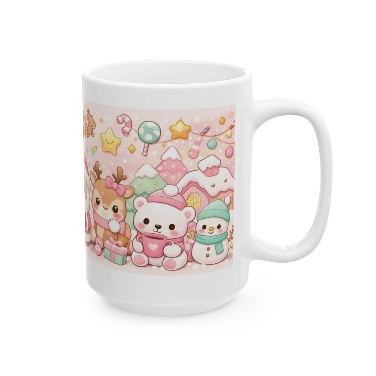 Cute Christmas Animals Ceramic Mug (11oz/15oz) — Kawaii Santa, Reindeer & Penguin Holiday Coffee Cup