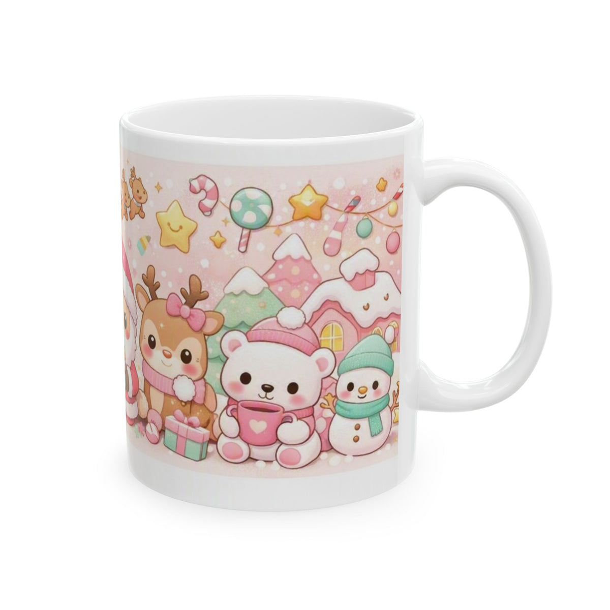 Cute Christmas Animals Ceramic Mug (11oz/15oz) — Kawaii Santa, Reindeer & Penguin Holiday Coffee Cup