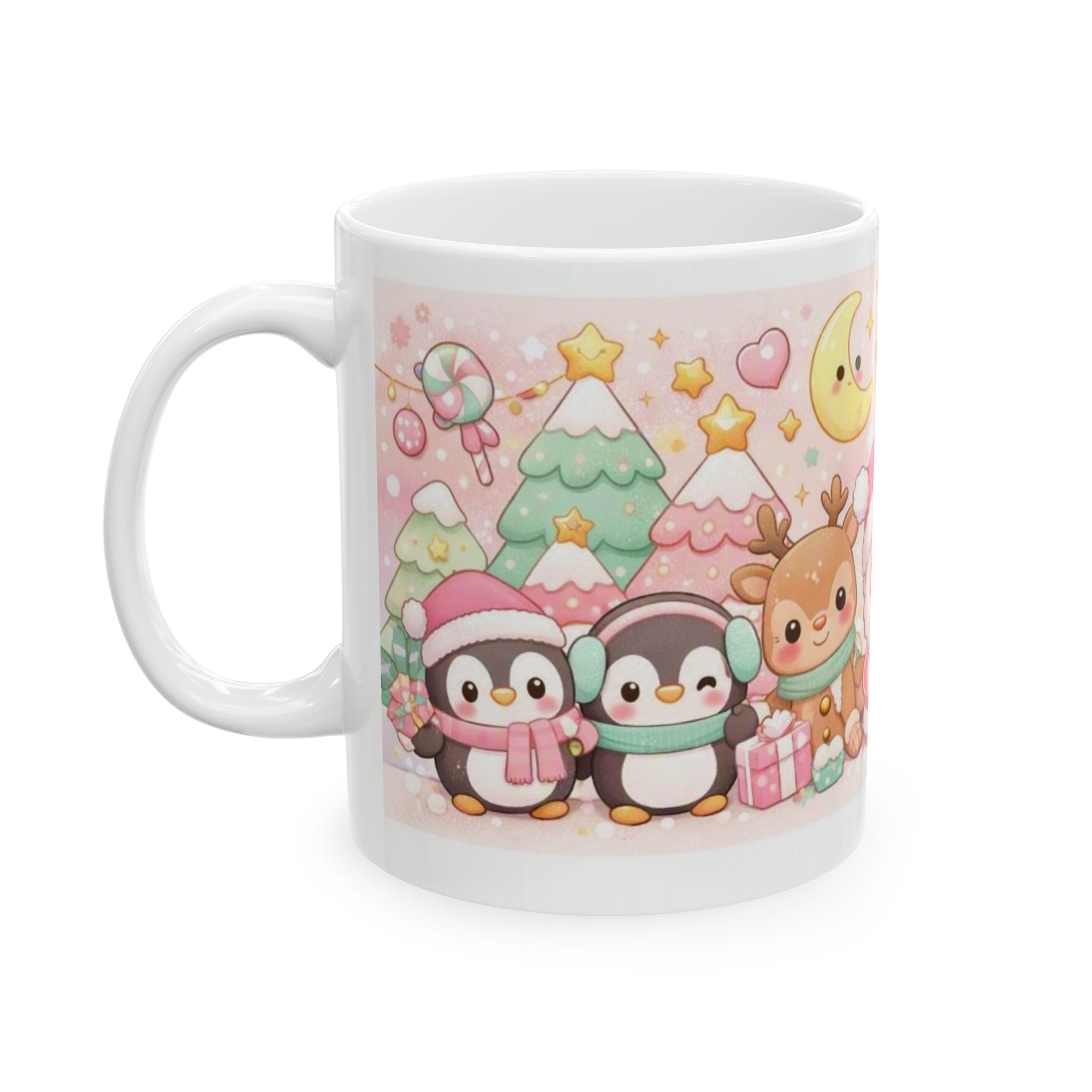 Cute Christmas Animals Ceramic Mug (11oz/15oz) — Kawaii Santa, Reindeer & Penguin Holiday Coffee Cup